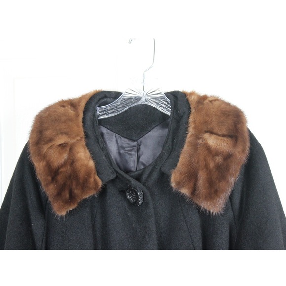 Carol Brent Vintage Black Wool Swing Coat Fur Collar Union Made Womens Large - Picture 2 of 8